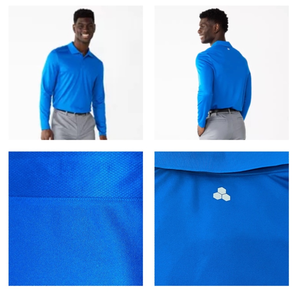 NEW Men's Long Sleeve Polo Polyester Dress Shirt Blue L LARGE